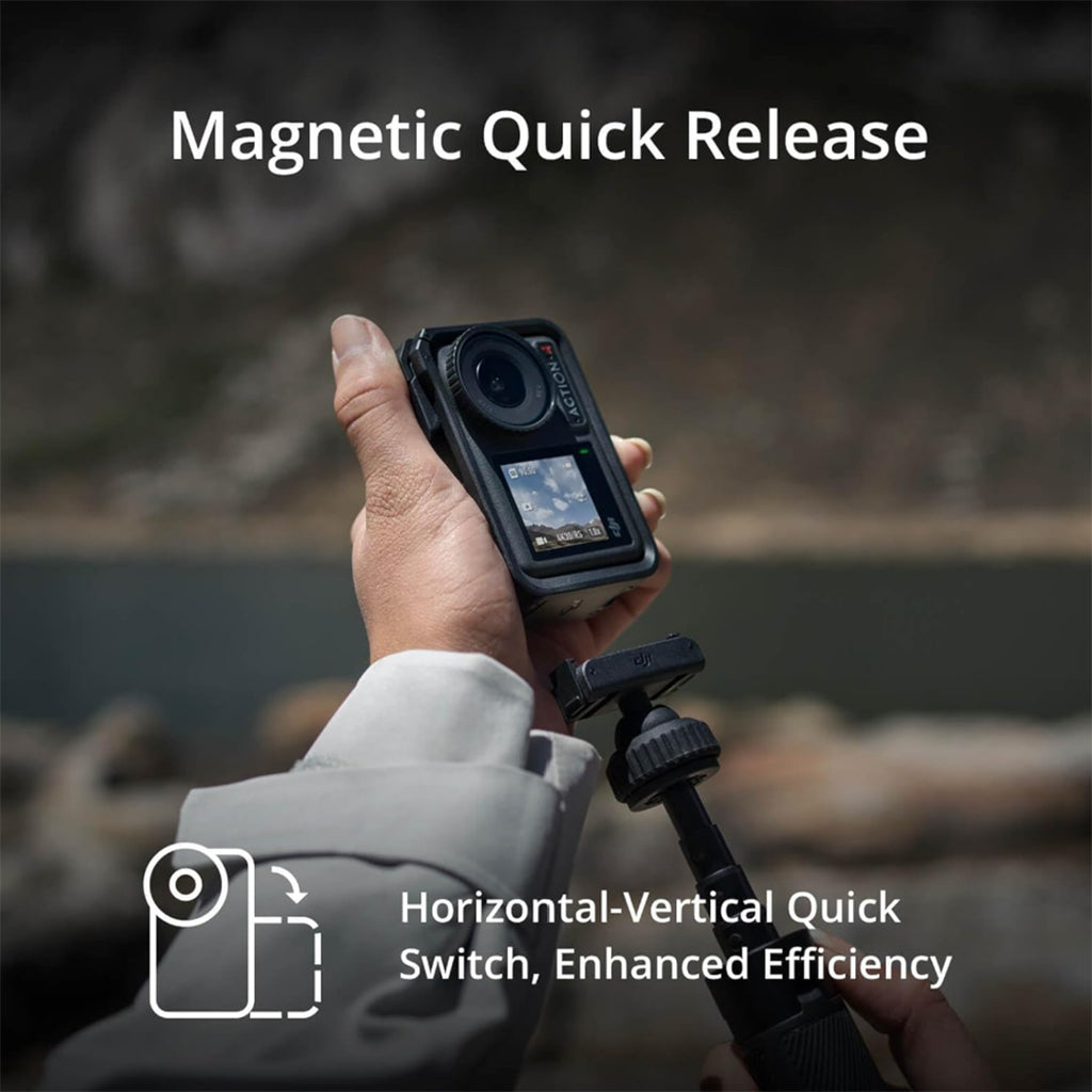 This promotional infographic details the magnetic quick release mechanism of the DJI Osmo Action 4 camera, illustrating a user separating the main unit from an extension rod mount. The structural layout utilizes descriptive typography to explain the horizontal-vertical quick switch feature that streamlines fast orientation transitions for multi-angle video stabilization.