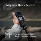 This promotional infographic details the magnetic quick release mechanism of the DJI Osmo Action 4 camera, illustrating a user separating the main unit from an extension rod mount. The structural layout utilizes descriptive typography to explain the horizontal-vertical quick switch feature that streamlines fast orientation transitions for multi-angle video stabilization.