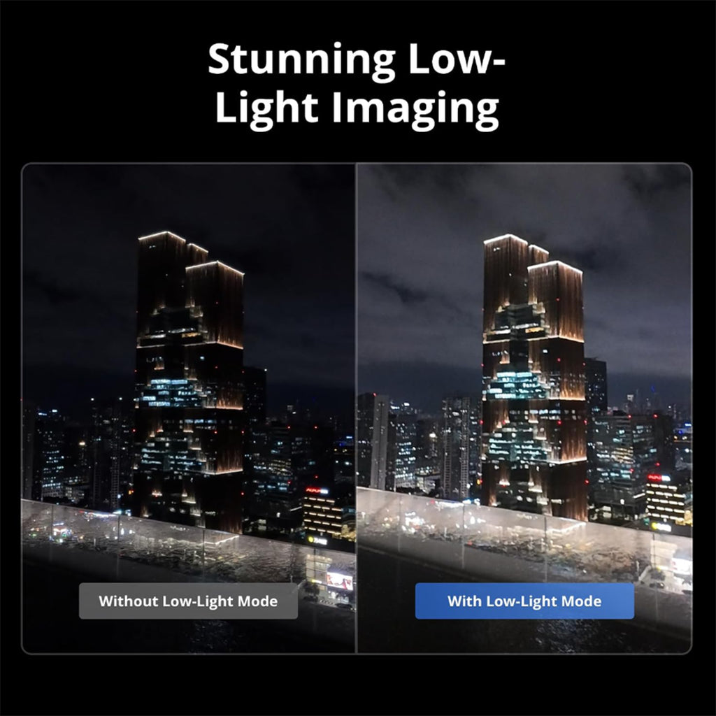 This e-commerce comparison infographic highlights the stunning low-light imaging capabilities of the DJI Osmo Action 4 video camera. The marketing graphic features a side-by-side nighttime cityscape visual to contrast a dark, under-exposed building framework on the left against a bright, color-accurate architectural profile captured with low-light mode activated on the right.