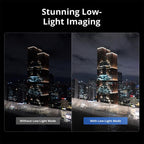 This e-commerce comparison infographic highlights the stunning low-light imaging capabilities of the DJI Osmo Action 4 video camera. The marketing graphic features a side-by-side nighttime cityscape visual to contrast a dark, under-exposed building framework on the left against a bright, color-accurate architectural profile captured with low-light mode activated on the right.