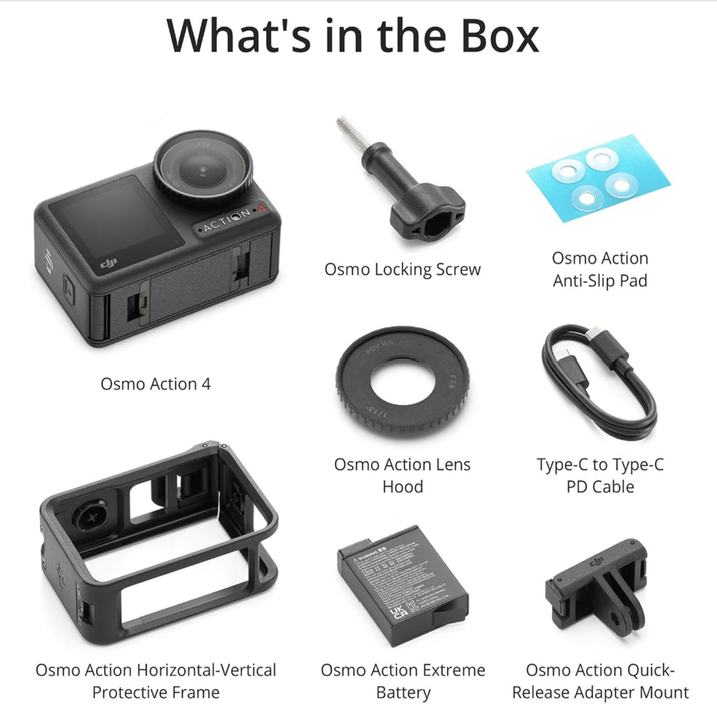 This e-commerce layout details the official standard box components for the DJI Osmo Action 4 camera package. The informational image arranges and explicitly labels individual structural items including the main camera unit, a locking screw, anti-slip pads, a protective horizontal-vertical frame cage, an extreme battery pack, a lens hood ring, a Type-C to Type-C power delivery cable, and a quick-release magnetic adapter mount.