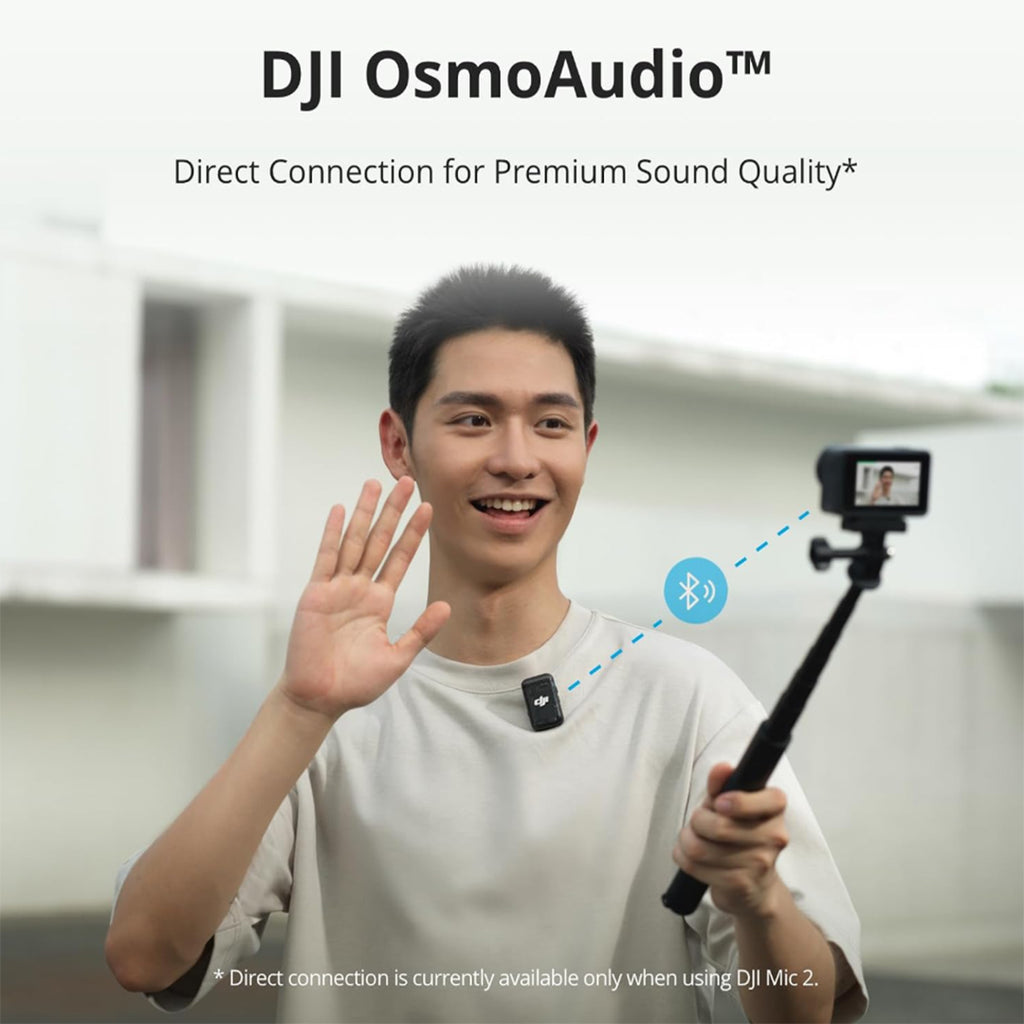 This e-commerce marketing graphic showcases the DJI OsmoAudio wireless connectivity ecosystem, depicting a male creator holding a DJI action camera mounted on an extension rod. The informational image utilizes descriptive layout elements to highlight a direct Bluetooth connection between the handheld main unit and a clip-on DJI Mic 2 transmitter for premium audio quality.