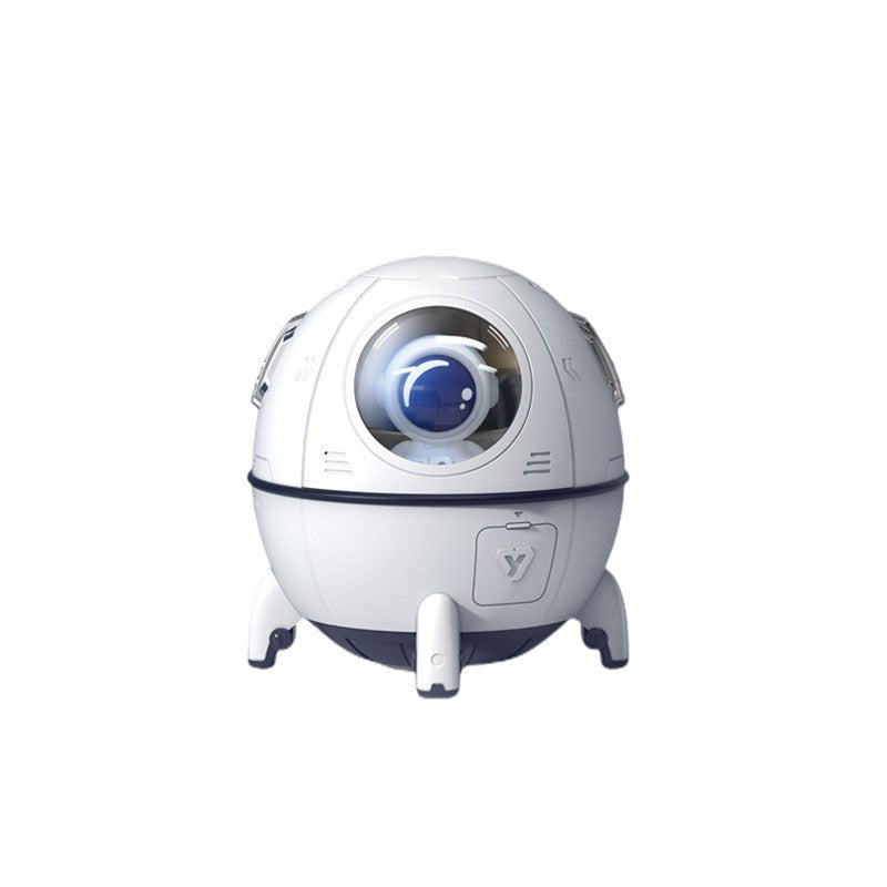 Front view of the white Ran Yue space capsule humidifier showing the clear viewing window and internal astronaut.