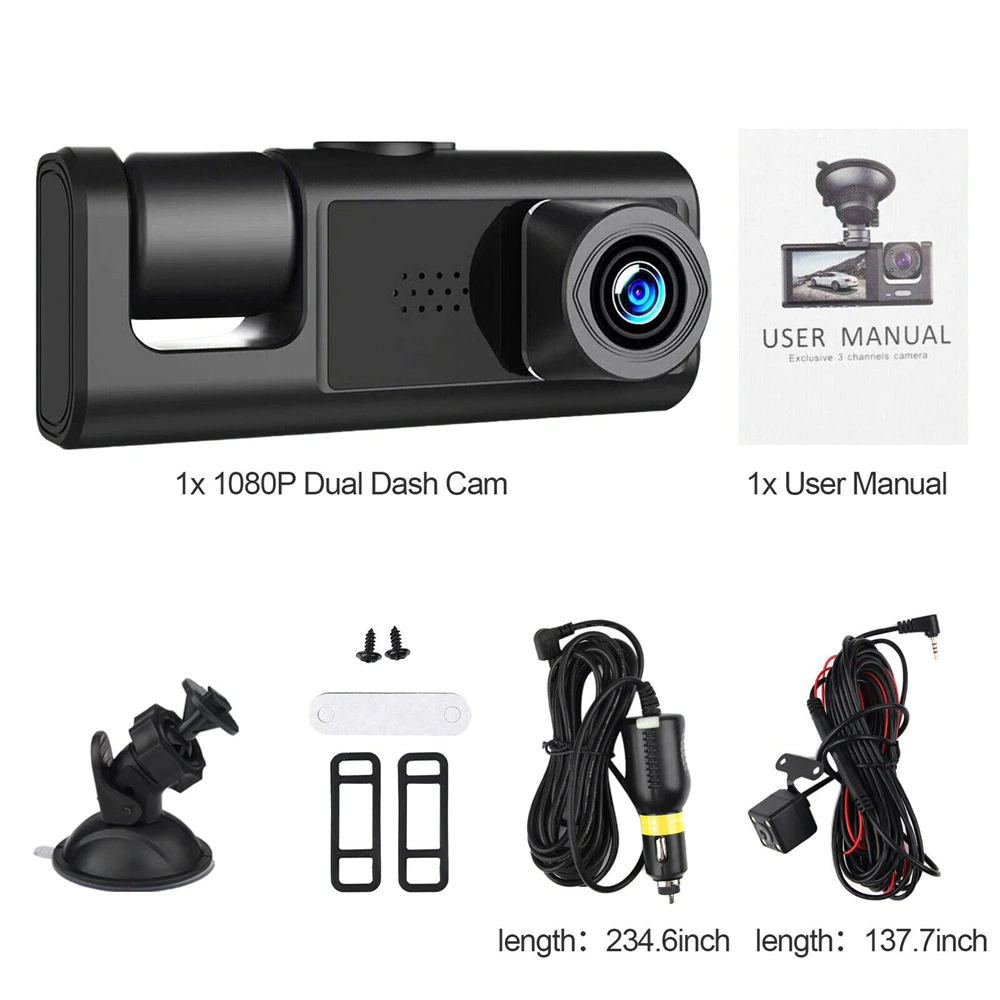 Car Triple Lens Dash Cam HD 1080P