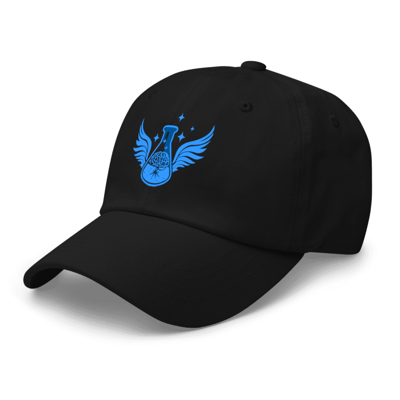 Side view of the black embroidered Creative Catalyst Cap by Anakha H Nyx Store against a transparent grid background.