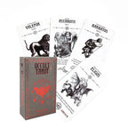 Occult Tarot travel box standing behind four cards depicting Valefor, Astaroth, Barbatos, and Eligos demon sigils.