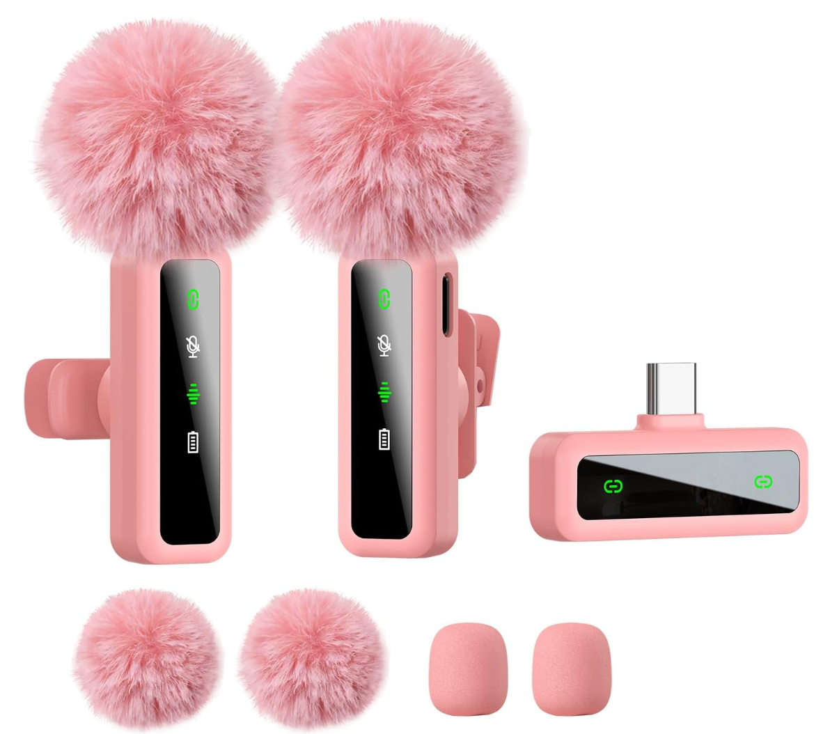pink dual wireless clip-on mic system with an integrated LED screen receiver, windproof deadcats, and accessories.