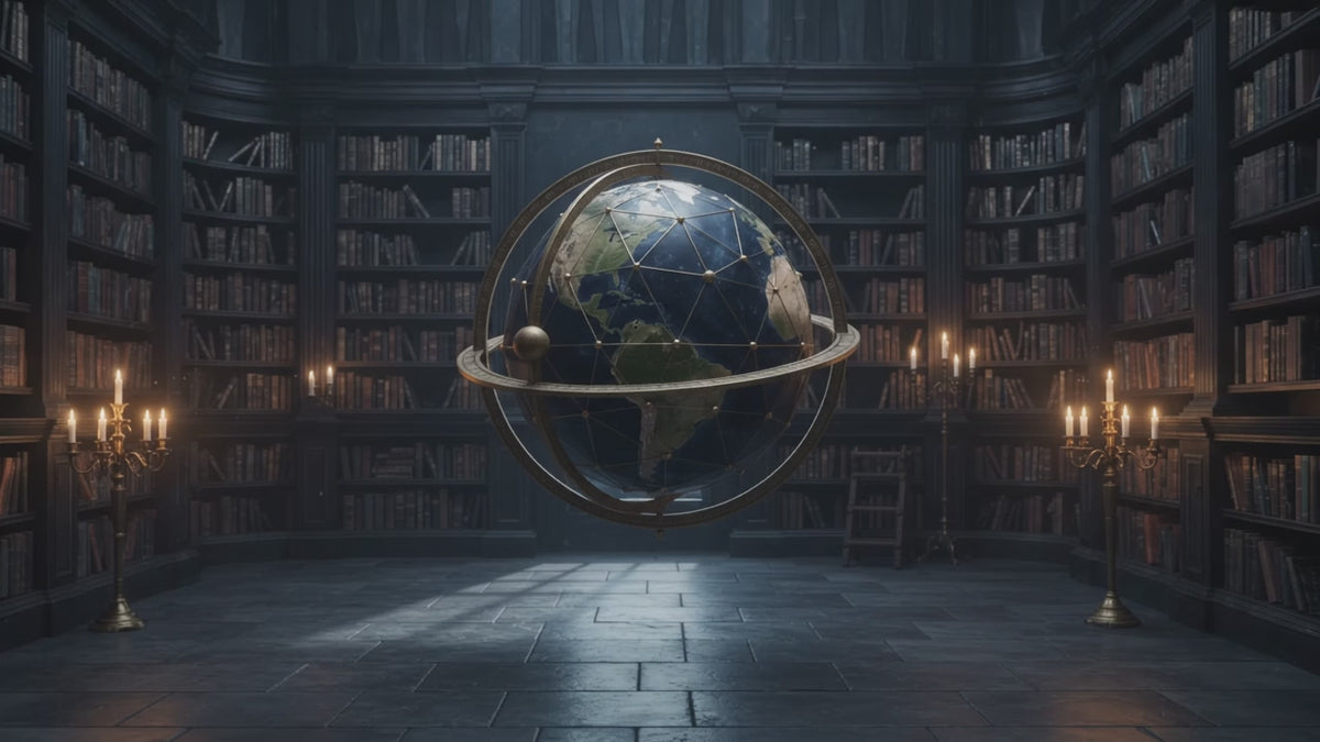 A high-end cinematic 16:9 video banner of a moody, candlelit library sanctuary. A woman walks gracefully from a dark bookshelf alcove on the left toward the center window, touching a large floating geometric 3D globe to set it spinning on its axis, before facing forward with an inviting open-hand welcome gesture.