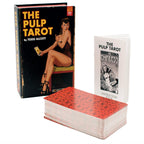 The Pulp Tarot by Todd Alcott is displayed as a complete set including the decorative magnetic book-style storage box, a standing instruction booklet, and a full deck of 78 tarot cards. The image showcases the cohesive mid-century vintage aesthetic carried across the packaging, guidebook cover, and the patterned card backs.