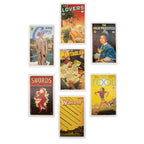 This seven-card spread of The Pulp Tarot highlights the vibrant, mid-century comic book and magazine illustration styles used for both the Major and Minor Arcana. The display showcases individual vintage-inspired designs including the King of Cups, The Lovers, The High Priestess, The Three of Pentacles, Ten of Swords, Eight of Wands, and The Fool.