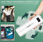 A composite product infographic showcasing the leak-proof and compact travel design of the QRAGJBM white portable electric kettle. Side panels demonstrate the mini water boiler fitting easily into a commuter shoulder bag and laying flat inside an open travel suitcase.