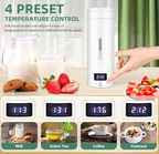 An infographic of the QRAGJBM white portable electric travel kettle displaying its 4 preset temperature control options. The graphic showcases digital heat milestones for milk at 113 degrees, green tea at 131 degrees, coffee at 176 degrees, and hot oatmeal at 212 degrees Fahrenheit.