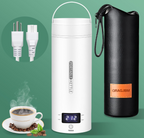 A product layout of the QRAGJBM white portable electric travel kettle showing its digital LED temperature display set to 212 degrees Fahrenheit next to a black leather storage bag. The image features the detachable white power plug accessories on the top left and a steaming cup of fresh coffee at the bottom left.