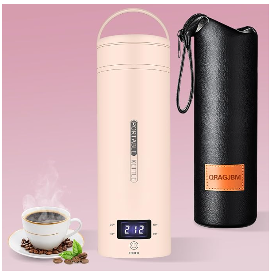 A product layout of the QRAGJBM blush pink portable electric travel kettle showing its digital LED temperature display set to 212 degrees Fahrenheit next to a black leather storage bag. The image features the detachable white power plug accessories on the top left and a steaming cup of fresh coffee at the bottom left.