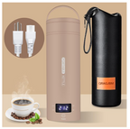A product layout of the QRAGJBM desert khaki portable electric travel kettle showing its digital LED temperature display set to 212 degrees Fahrenheit next to a black leather storage bag. The image features the detachable white power plug accessories on the top left and a steaming cup of fresh coffee at the bottom left.