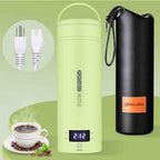 A product layout of the QRAGJBM lime green portable electric travel kettle showing its digital LED temperature display set to 212 degrees Fahrenheit next to a black leather storage bag. The image features the detachable white power plug accessories on the top left and a steaming cup of fresh coffee at the bottom left.