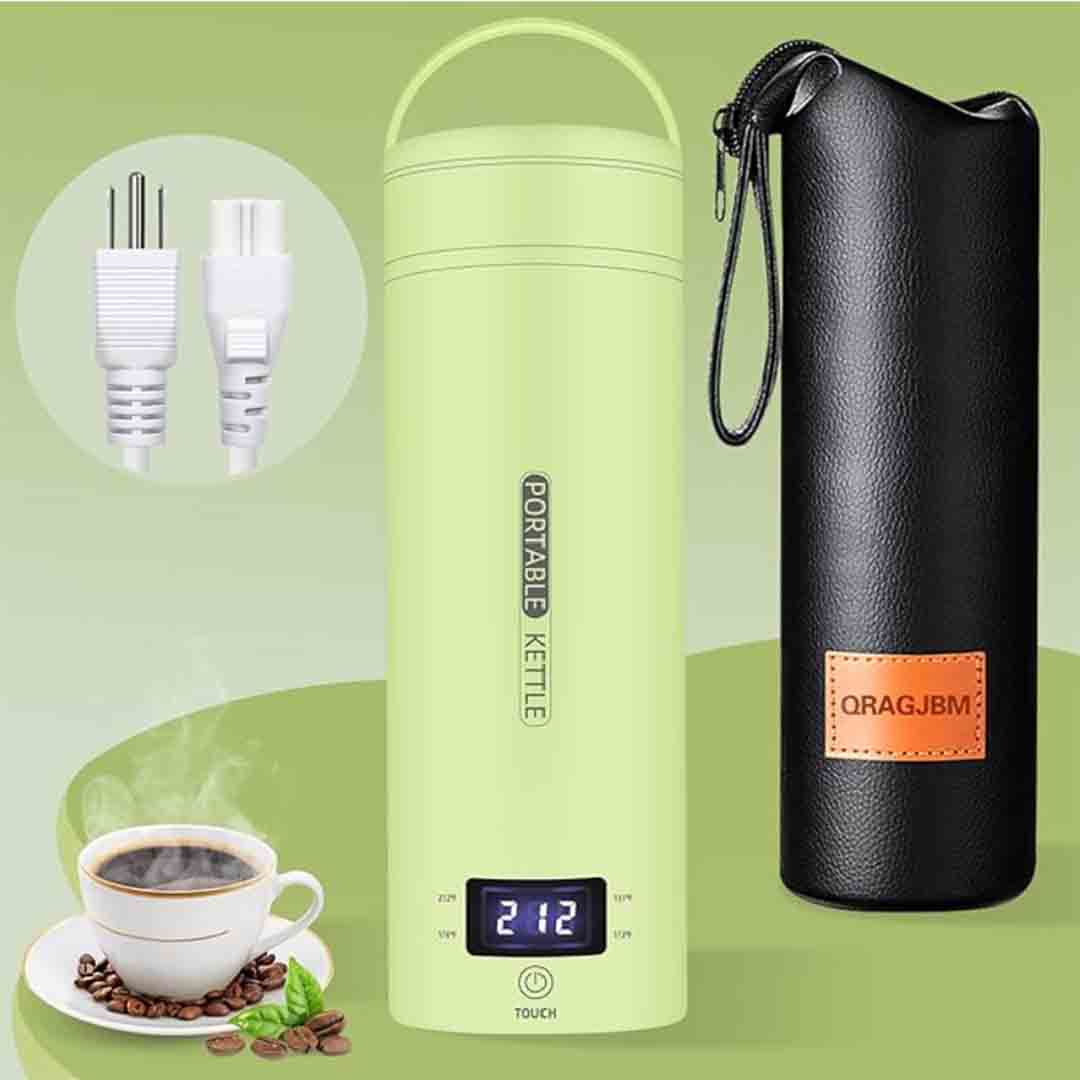 A product layout of the QRAGJBM lime green portable electric travel kettle showing its digital LED temperature display set to 212 degrees Fahrenheit next to a black leather storage bag. The image features the detachable white power plug accessories on the top left and a steaming cup of fresh coffee at the bottom left.