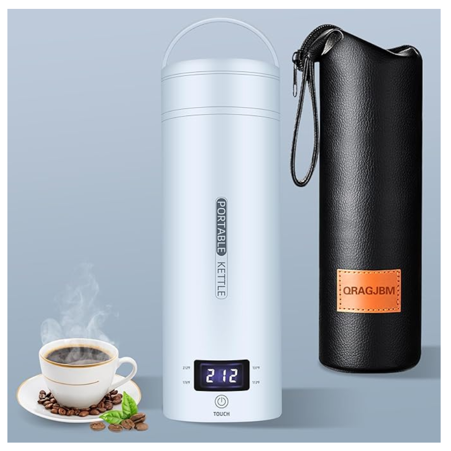 A product layout of the QRAGJBM sky blue portable electric travel kettle showing its digital LED temperature display set to 212 degrees Fahrenheit next to a black leather storage bag. The image features the detachable white power plug accessories on the top left and a steaming cup of fresh coffee at the bottom left.