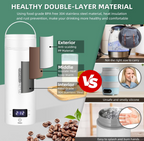 A product infographic detailing the double-layer material composition of the QRAGJBM portable electric kettle, highlighting the food-grade 304 stainless steel interior and anti-scalding exterior PP shell. The right side features a comparison matrix contrasting it against bulky glass kettles, smelly silicone travel pots, and unsafe splashing models.