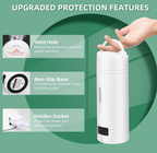 A product feature infographic showcasing the upgraded protection features of the QRAGJBM white portable electric travel kettle. Graphic callout boxes highlight the pressure-reducing steam vent hole, the scratch-resistant non-slip rubber base, and the protective hidden power socket.