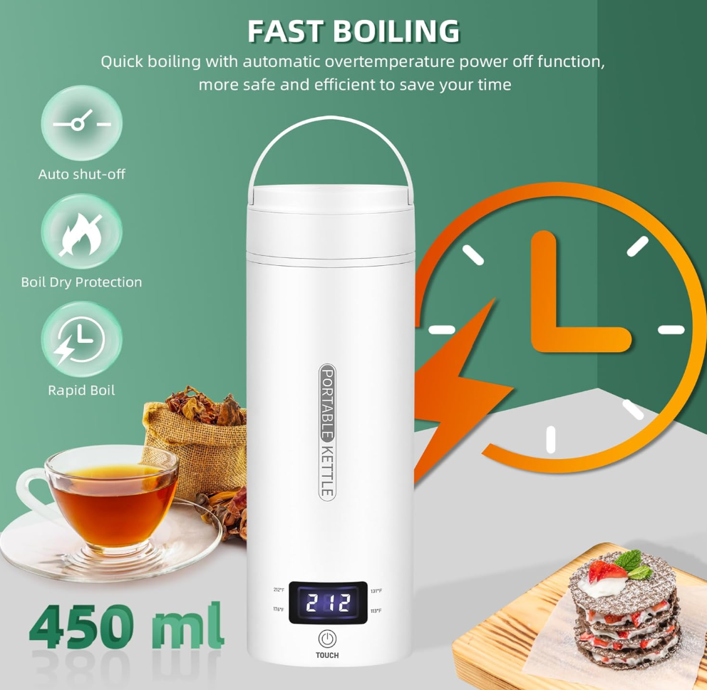 An product feature infographic highlighting the 450ml capacity and fast boiling function of the QRAGJBM white portable electric travel kettle. Graphic icons on the left demonstrate the safety features including automatic shut-off, boil-dry protection, and rapid boil performance.