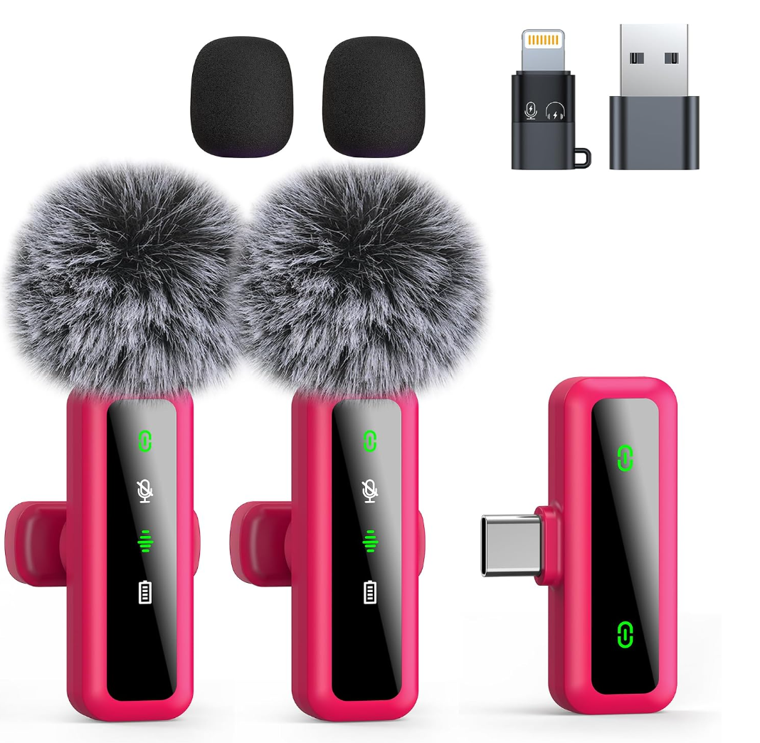 rose red wireless dual microphone bundle featuring a USB Type-C plug-in receiver, furry muffs, and replacement wind covers.