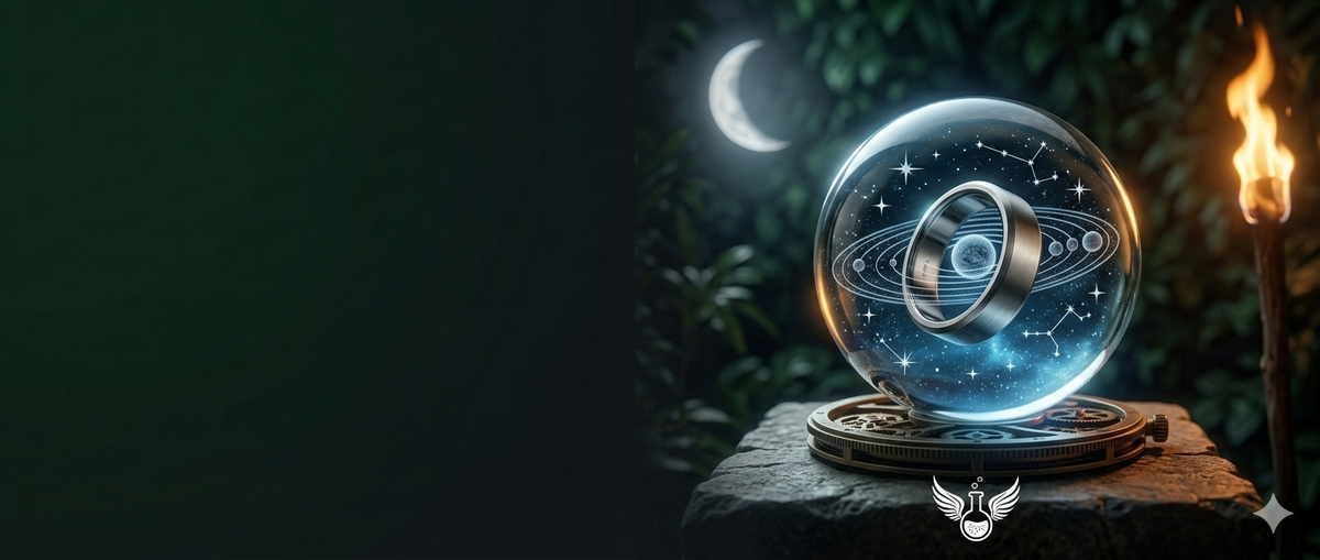 A luxury smart technology display showing a brushed titanium smart health tracking ring suspended inside a glowing glass crystal sphere with an etched 3D solar system, illuminated by a split-lighting composition of amber torchlight and pale silver moonlight.