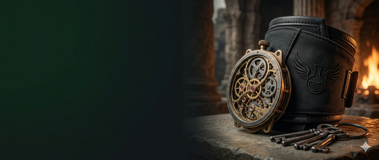 A high-fashion dark luxury product display featuring an intricate brass clockwork steampunk gear mechanism resting against a black textile garment cuff with a tonal embroidered winged flask logo, placed next to antique bronze master keys in front of blurred stone pillars.