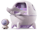 A product shot of the TOPINCN spaceship mini humidifier featuring a pale purple space capsule design with an open glass visor door revealing the interior tech compartment. A matching miniature astronaut figurine stands adjacent to the desktop ultrasonic cool mist humidifier.