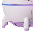 A close-up product shot focusing on the lower chassis and supporting landing gear legs of the TOPINCN spaceship mini humidifier. The purple capsule body highlights the integrated horizontal LED ambient light strip running along the center structural seam.