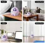 A multi-panel lifestyle infographic showing the TOPINCN spaceship mini humidifier positioned across four unique home and work environments. The purple cool mist desktop humidifier is labeled and pictured in a bedroom nightstand setup, a modern living room coffee table, a corporate office desk next to a laptop, and on the hardwood floor of a dance room yoga studio.