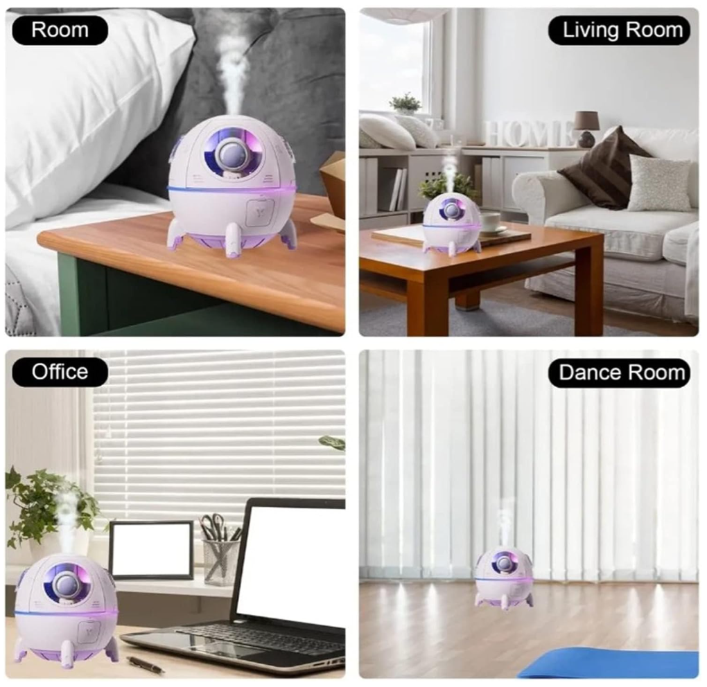 A multi-panel lifestyle infographic showing the TOPINCN spaceship mini humidifier positioned across four unique home and work environments. The purple cool mist desktop humidifier is labeled and pictured in a bedroom nightstand setup, a modern living room coffee table, a corporate office desk next to a laptop, and on the hardwood floor of a dance room yoga studio.