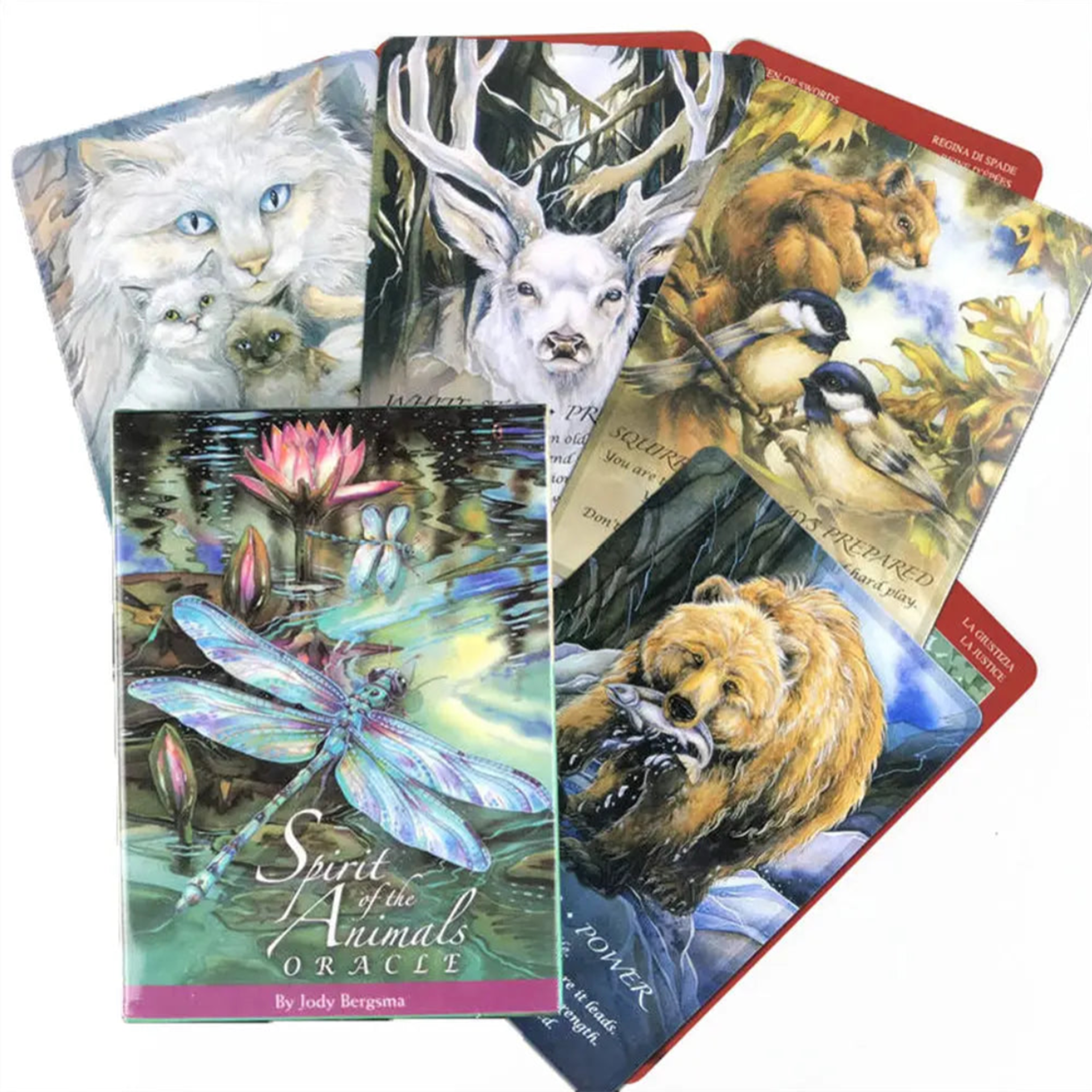 Spirit of the Animals Oracle box displayed with fanned out watercolor cards including cats, a stag, and a bear.