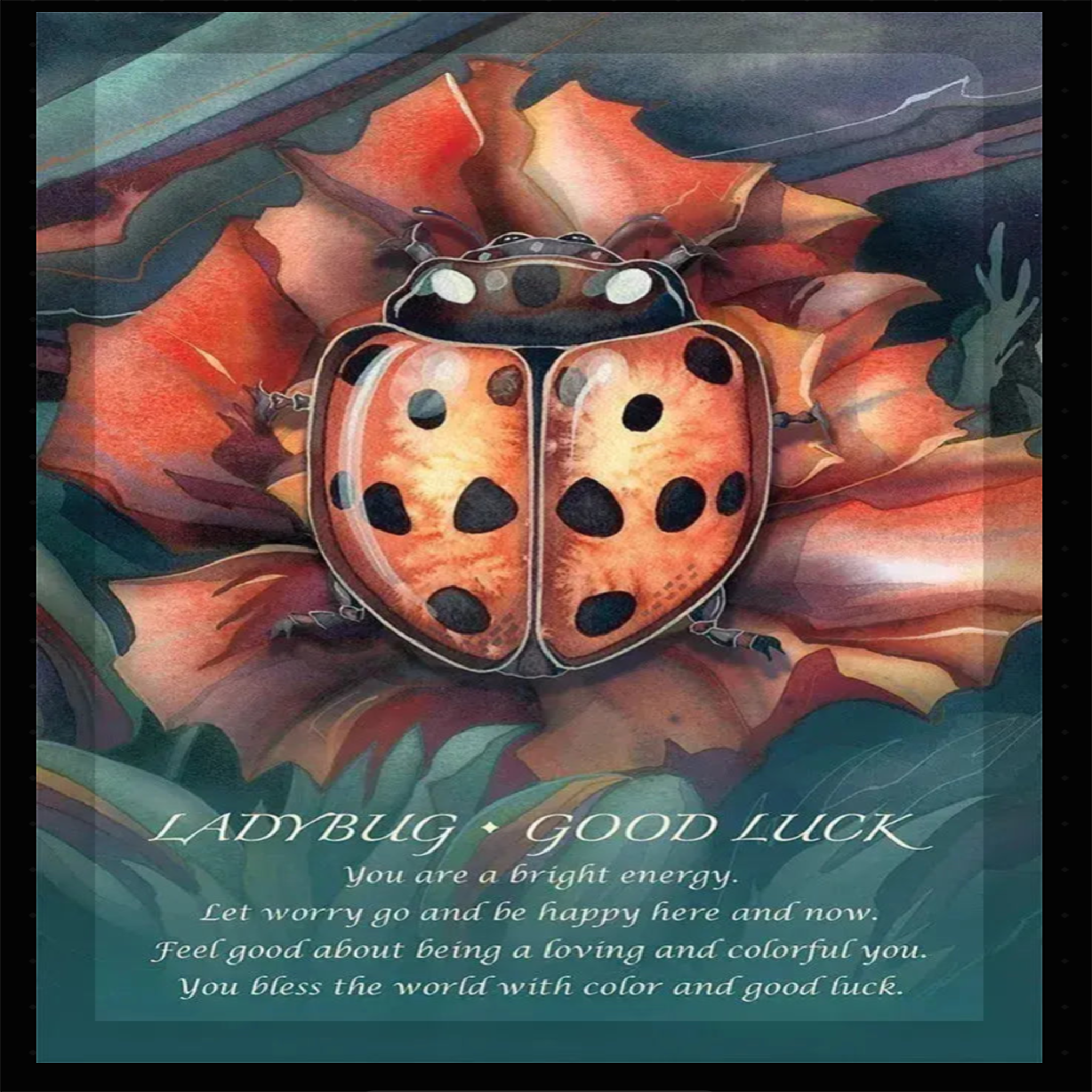Spirit of the Animals oracle card showing a detailed watercolor ladybug resting on an orange autumn leaf.