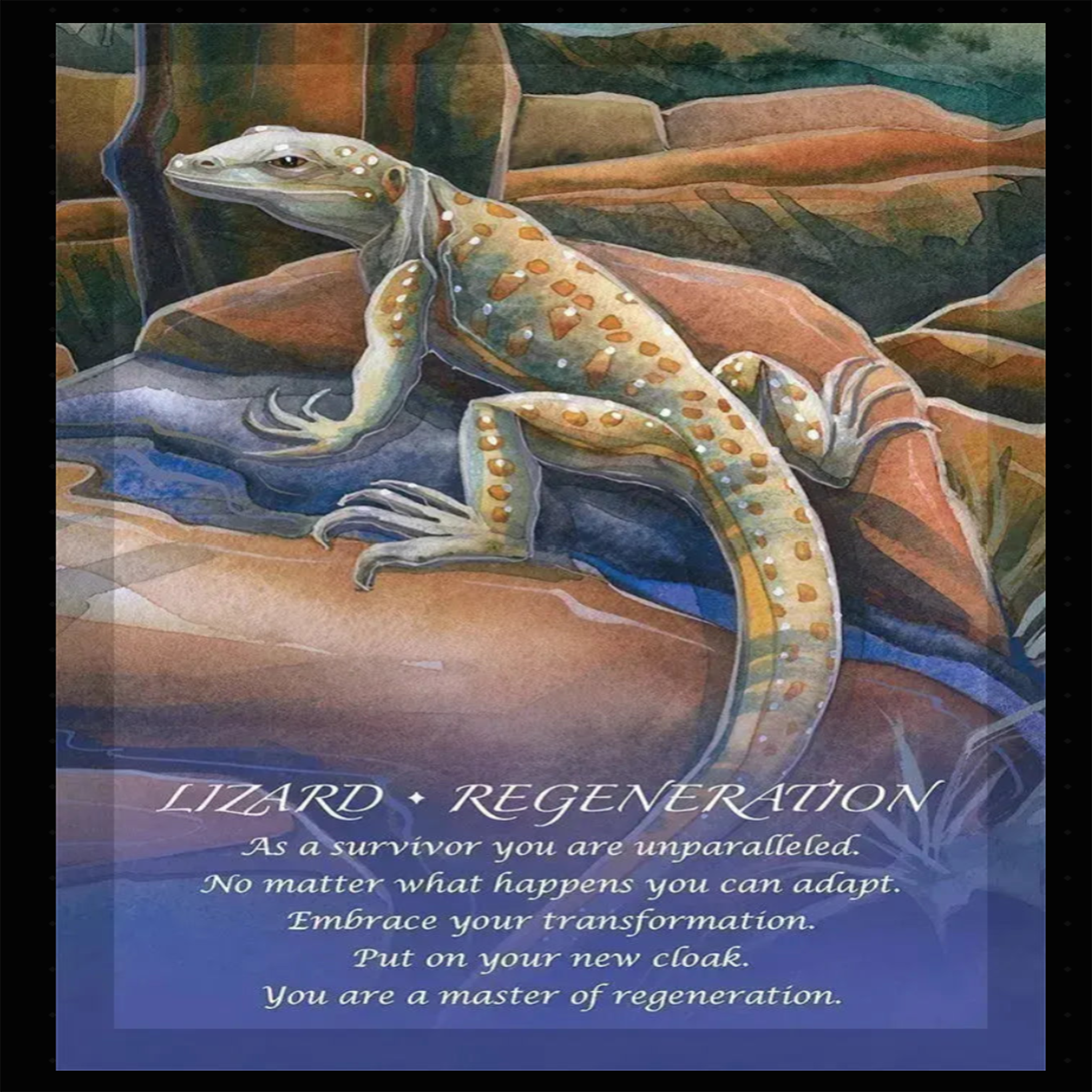 Spirit of the Animals oracle card depicting a spotted watercolor lizard climbing across desert rocks.