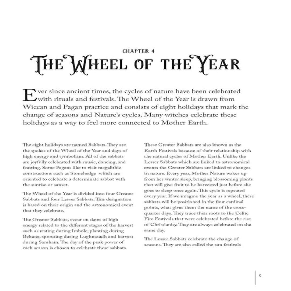 The Complete Grimoire book by Lidia Pradas displaying page 5, which introduces Chapter 4: The Wheel of the Year. The text details the history of Wiccan and Pagan seasonal festivals, the division of the eight Sabbats, and historical connections to ancient Earth rituals.