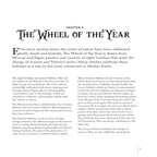The Complete Grimoire book by Lidia Pradas displaying page 5, which introduces Chapter 4: The Wheel of the Year. The text details the history of Wiccan and Pagan seasonal festivals, the division of the eight Sabbats, and historical connections to ancient Earth rituals.