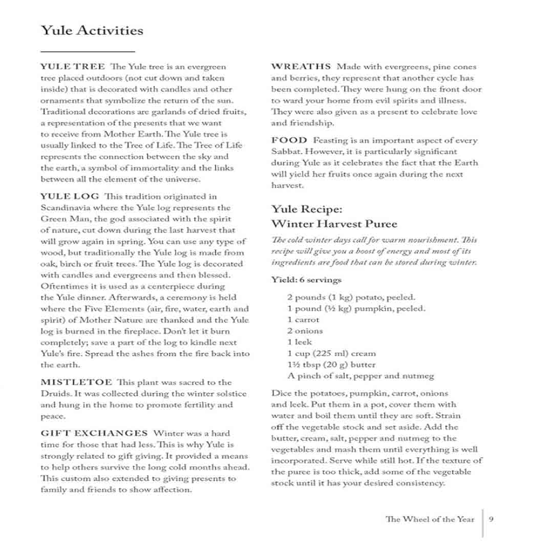 The Complete Grimoire book by Lidia Pradas displaying page 9 with a list of traditional Yule activities. The text includes historical details on Yule trees, wreaths, and a complete step-by-step Winter Harvest Puree recipe.