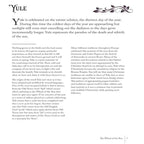 The Complete Grimoire book by Lidia Pradas showing the Yule holiday chapter page with historical text about the winter solstice ritual, pagan traditions, and the Wheel of the Year.