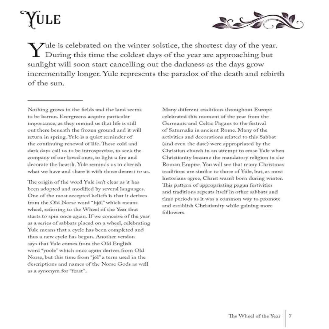 The Complete Grimoire book by Lidia Pradas showing the Yule holiday chapter page with historical text about the winter solstice ritual, pagan traditions, and the Wheel of the Year.