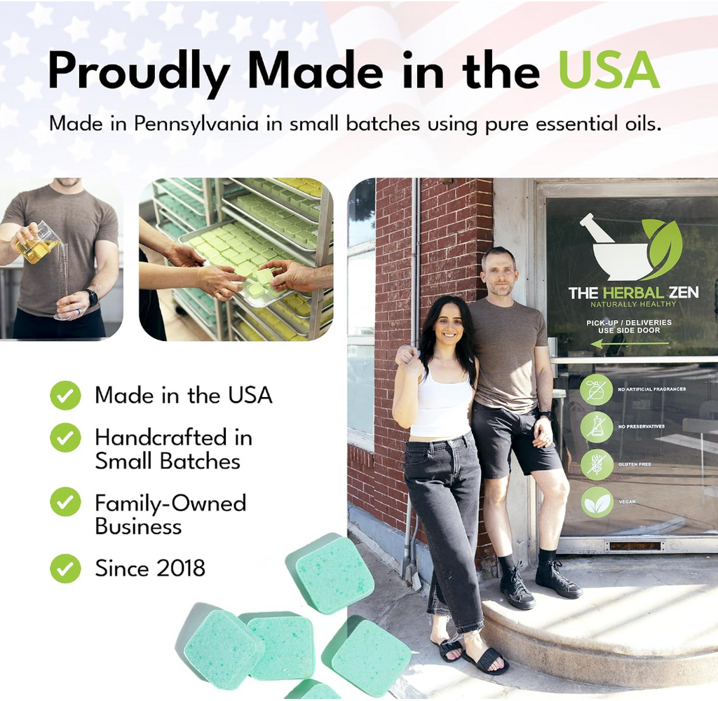 A brand overview graphic titled "Proudly Made in the USA" showcasing production behind-the-scenes, a family-owned business team standing outside a glass storefront door, and several green square shower steamer tablets scattered at the bottom.