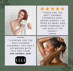A four-quadrant social proof graphic featuring a woman drying her hair with a white towel, a 5-star customer testimonial praising the product quality, an endorsement quote from Elle magazine, and a woman washing her hair under a running shower.