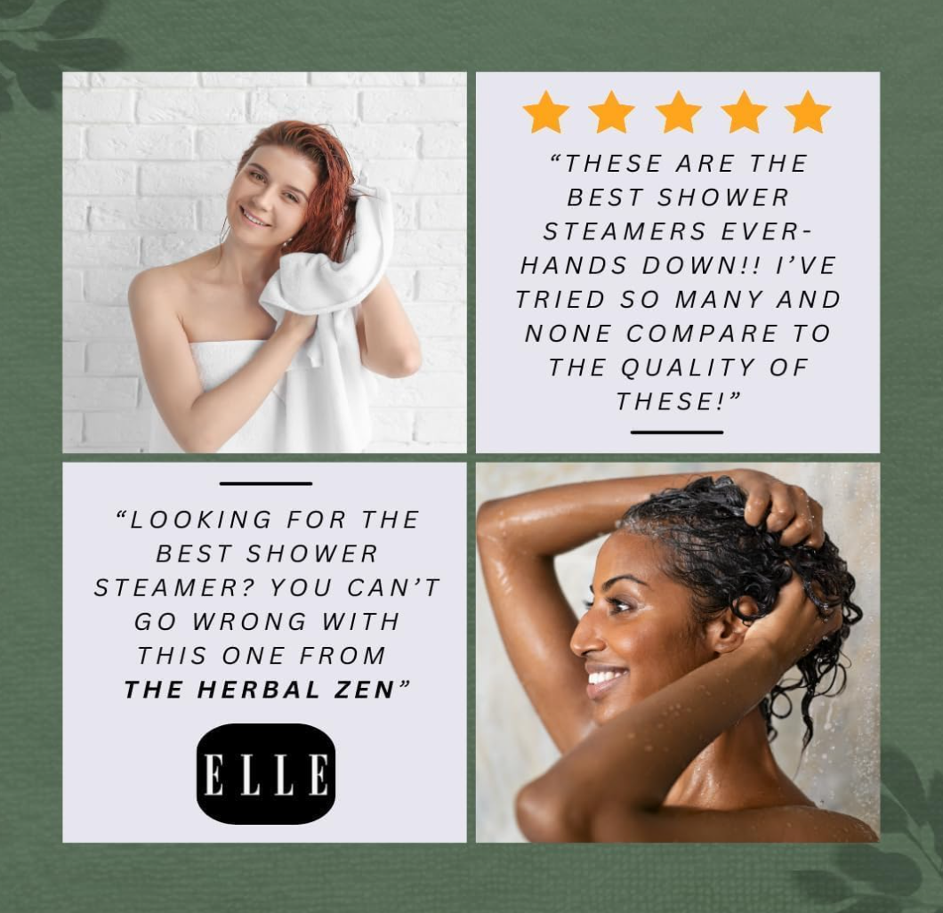 A four-quadrant social proof graphic featuring a woman drying her hair with a white towel, a 5-star customer testimonial praising the product quality, an endorsement quote from Elle magazine, and a woman washing her hair under a running shower.