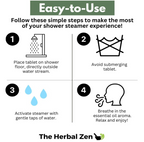 An educational infographic titled "Easy-to-Use" outlining four steps: place tablet on the shower floor outside the water stream, avoid submerging, activate with gentle taps of water, and breathe in the aroma