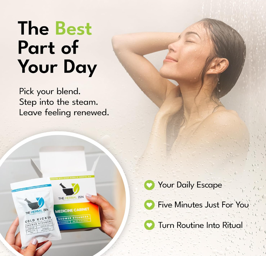 A woman tilts her head back with closed eyes under a warm shower stream, adjacent to an inset visual of hands holding a Cold Kicker packet and a Medicine Cabinet box, flanked by three green checkmarks detailing daily escape and transforming routine into ritual