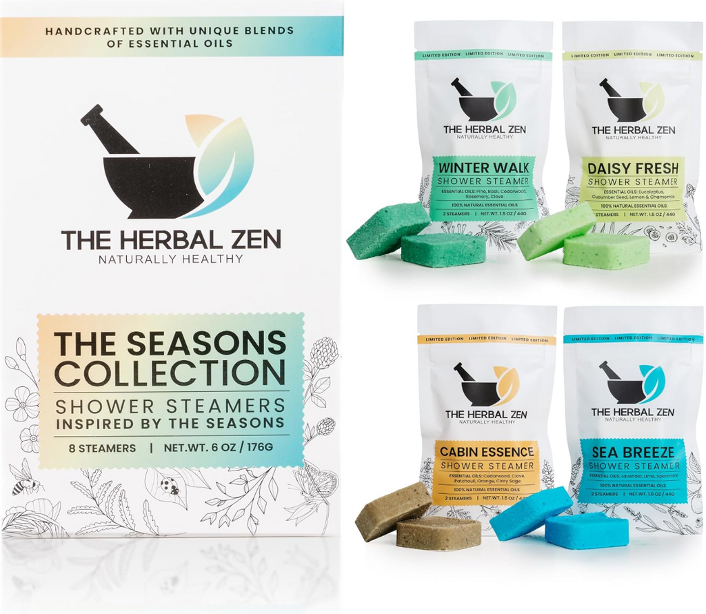 the-herbal-zen-the-seasons-A clean product lineup showcasing a large box for The Seasons Collection next to four individual limited-edition ingredient pouches and corresponding pairs of green, yellow, brown, and blue square shower steamer tablets
