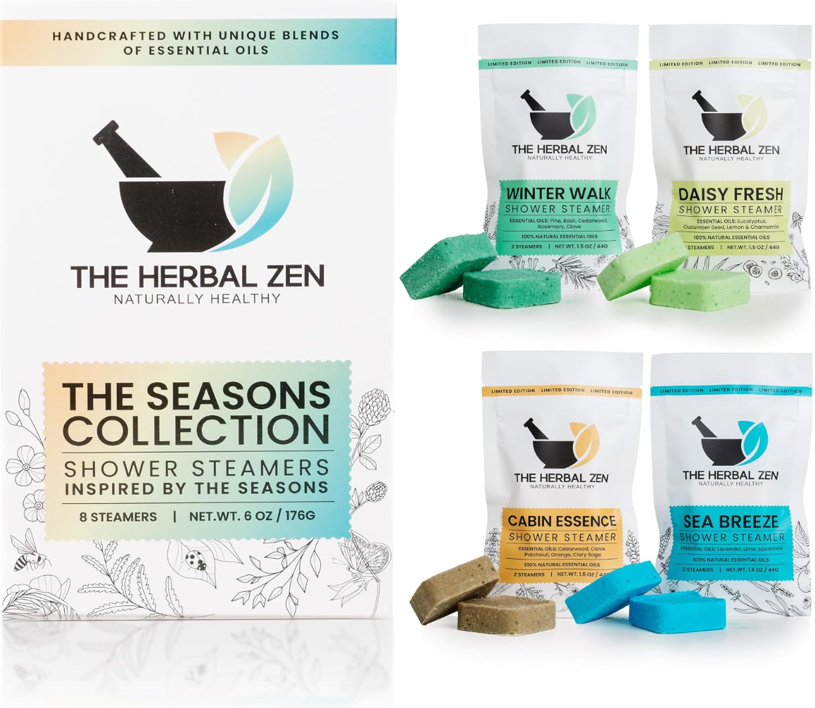 the-herbal-zen-the-seasons-A clean product lineup showcasing a large box for The Seasons Collection next to four individual limited-edition ingredient pouches and corresponding pairs of green, yellow, brown, and blue square shower steamer tablets