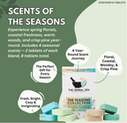 A promotional graphic titled "Scents of the Seasons" featuring a box of The Seasons Collection next to text bubbles highlighting it as a year-round scent journey and a gift option, surrounded by colored tablets.