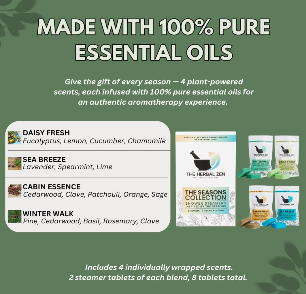 An informative product graphic titled "Made with 100% Pure Essential Oils" breaking down the specific botanical notes for Daisy Fresh, Sea Breeze, Cabin Essence, and Winter Walk next to their respective product packaging pouches