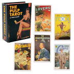 The Pulp Tarot by Todd Alcott for the Unemployed Philosophers Guild is a 78-card divination deck featuring vintage mid-century magazine illustration artwork. This collectible boxed set includes a magnetic book-style storage box housing uniquely illustrated Major and Minor Arcana cards like The Lovers, The Fool, and The High Priestess.